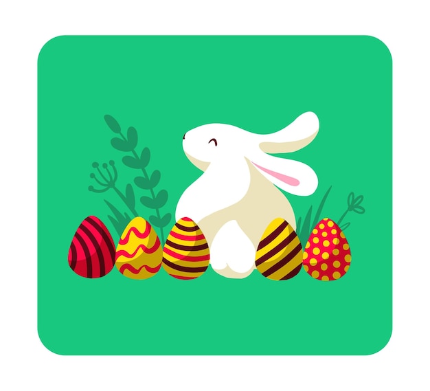 Easter card with white bunny character silhouette sitting isolated and decorated eggs on floral green background For holiday cards prints banner design decor etc Flat style vector illustration