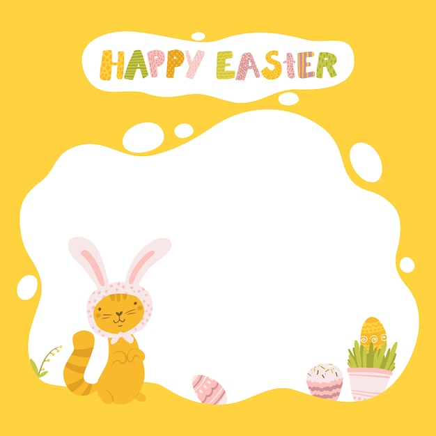 Easter cat template with bunny ears for text or photo in simple colorful cartoon hand-drawn style.