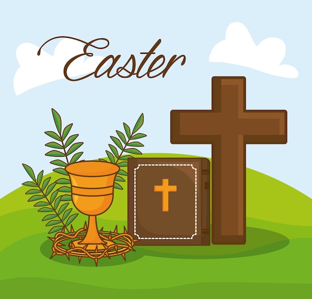 Easter celebration with bible and christianity symbols over landscape background