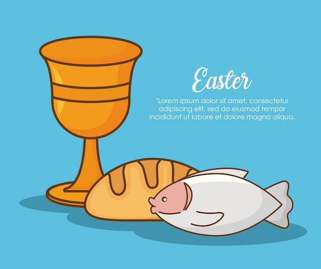 Easter celebration with holy grail and fish  over blue background