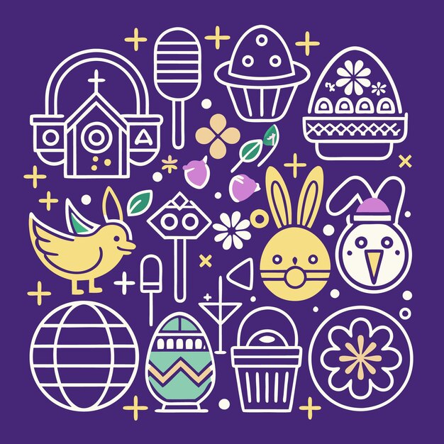 Vector easter celebrations decorated eggs bunny church and spring flowers