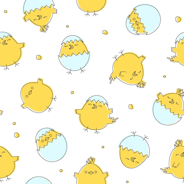 Easter chick seamless pattern cute baby chicken egg background yellow bird print Vector illustration