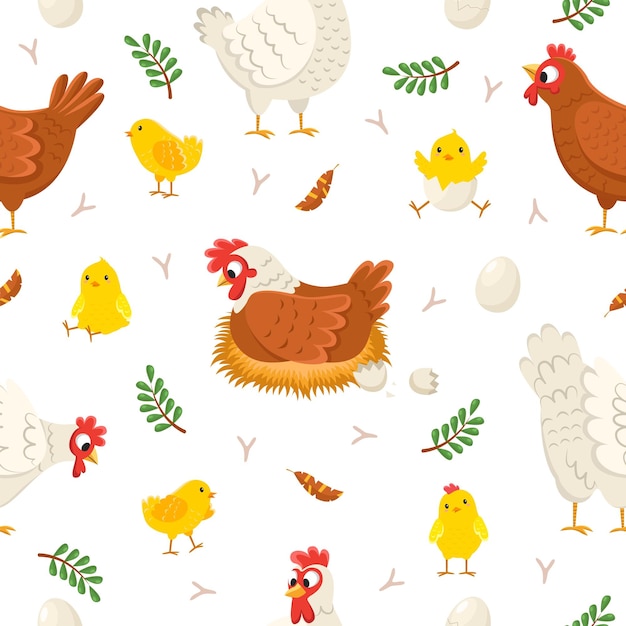 Easter chicken seamless pattern Funny laying hens with baby chicks and eggs birds on nests egg shell plants twigs and feathers Decor textile wrapping paper wallpaper vector print or fabric