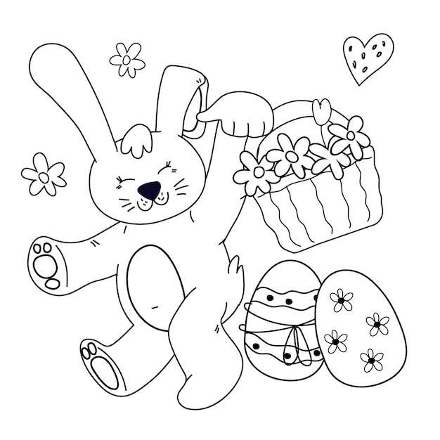 Easter children coloring book page with bunny and easter eggs vector isolated