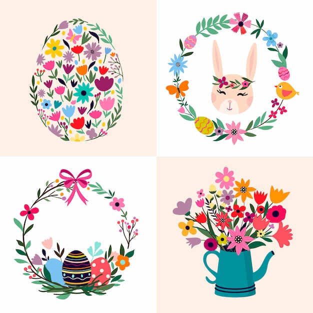 Easter collection with rabbit and eggs, decorative seasonal design