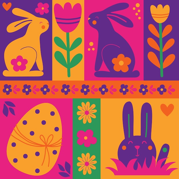 Easter colorful abstract elements tiles Modern pattern geometric style Easter eggs rabbit flowers