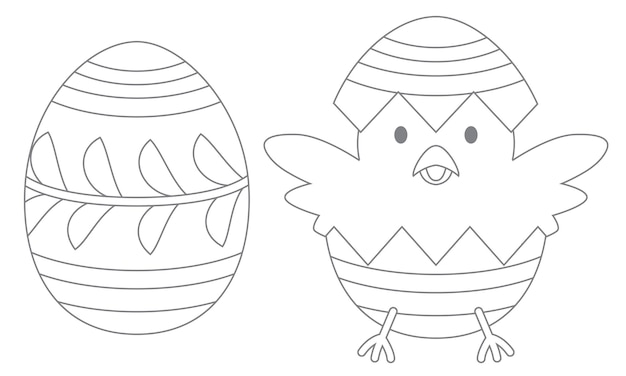 Easter coloring page. Cute cartoon chick in eggshell. Vector illustration.