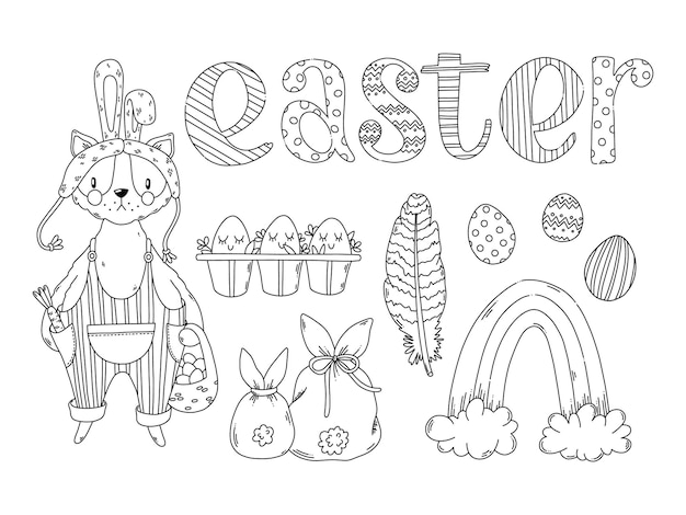 Easter coloring pages black contour elements set