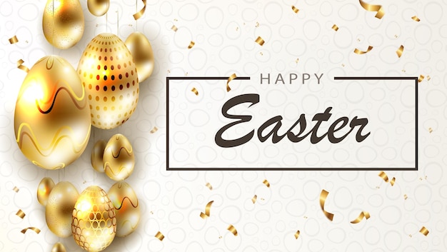 Easter composition with a set of hanging eggs of gold color with glitter, greeting card.