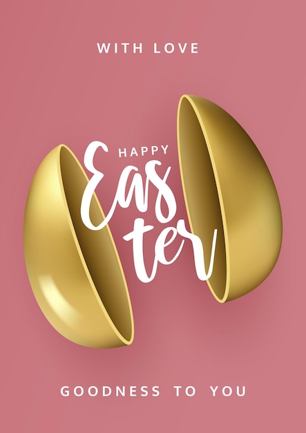 Easter congratulation banner holiday card Two opened halves of a golden egg on a pink backgroundModern minimal design for social media sale advertisement web