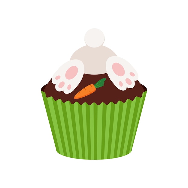 Easter cupcake with bunny booty and carrot isolated on white background Cake sweets food muffin with bunny rabbit digging in the ground Flat design cartoon style easter dessert vector illustration