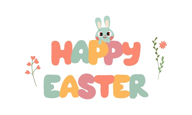 Easter cute bunny with painted eggs set Vector flat illustration cartoon style isolate on white