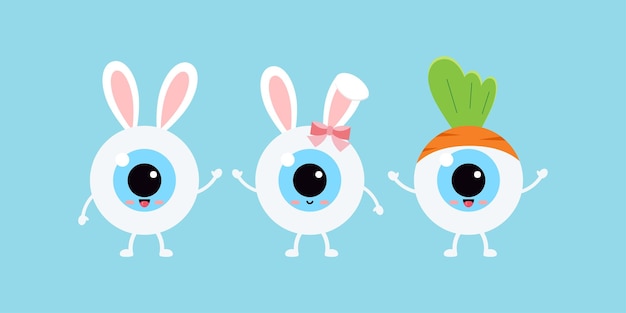 Easter cute eye ball with bunny ears and carrot icon set