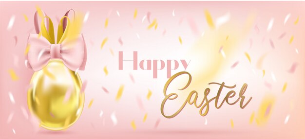 Vector easter cute golden egg with bunny bow in confetti