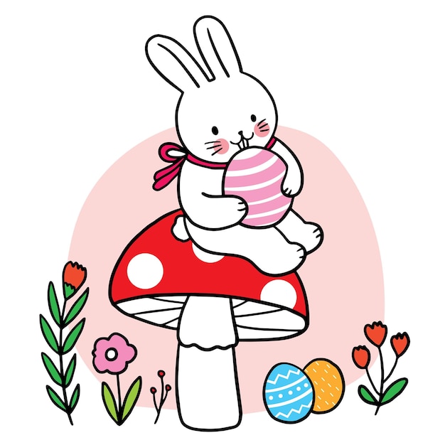 Easter day cartoon cute character white rabbit and egg vector.