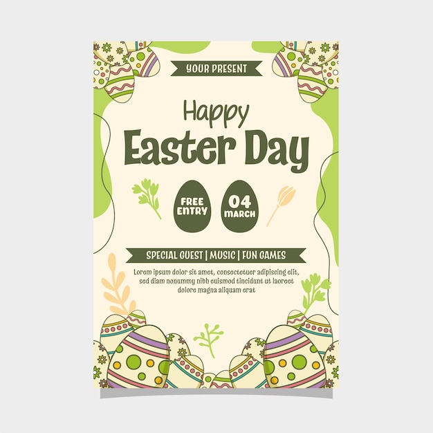 Vector easter day flat vertical flyer background template with egg illustration doodle style