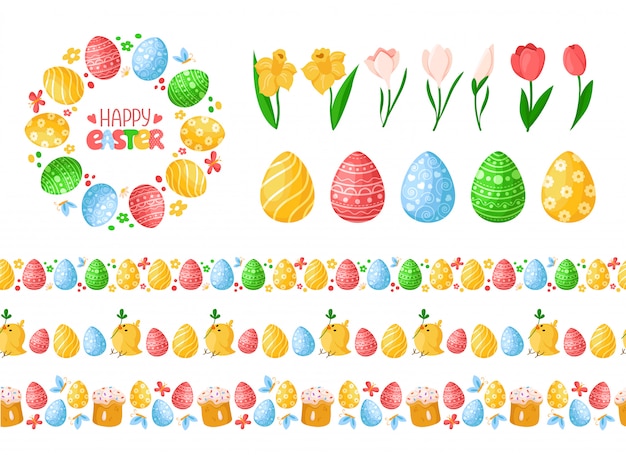 Easter Day seamless borders with easter eggs, chickens, cakes and wreath or round frame, lettering