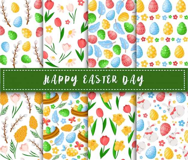 Easter Day - seamless pattern with easter eggs, spring flowers, willows, feathers on white background