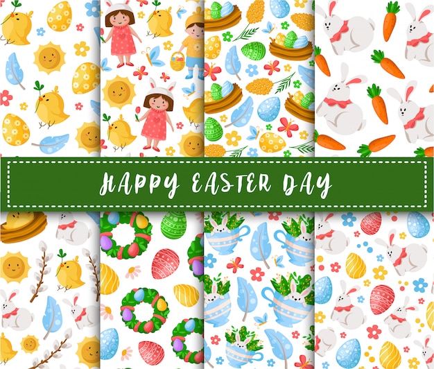 Easter Day - seamless pattern with easter eggs, spring flowers, willows, feathers