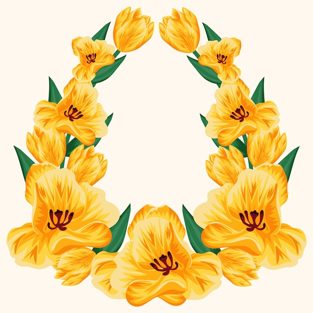 Easter decor namely open yellow tulip buds closed tulip buds and green leaves in the shape