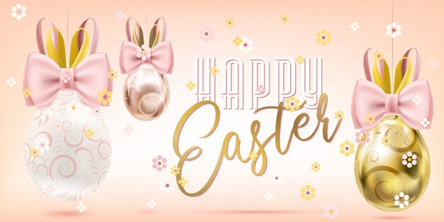 Vector easter decorated golden eggs with bunny bow