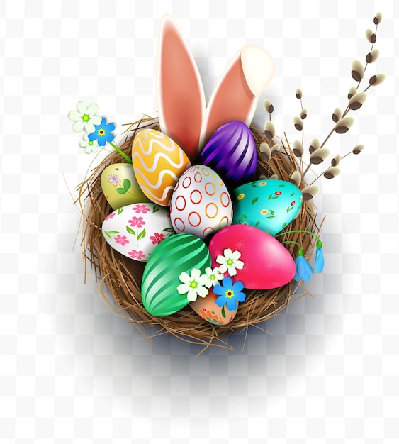 Easter design element, nest with eggs, bunny ears, willow twig.