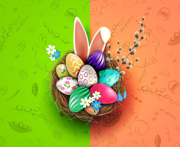 Easter design with a nest eggs with a pattern bunny ears a willow twig