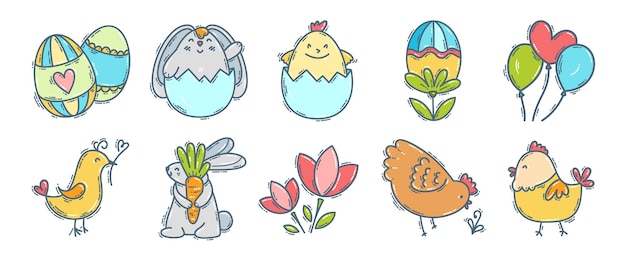 Easter doodle handdrawn icon set with simple engraving effect Cute colorful symbols and elements