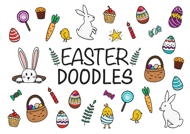 Easter doodles color hand drawn icons