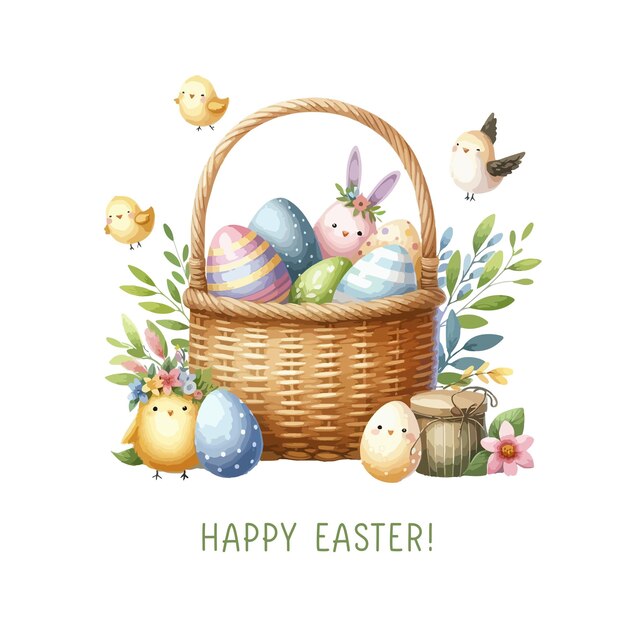 Vector easter egg in a basket watercolor composition