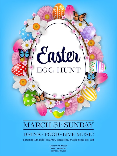 Vector easter egg hunt poster with egg shaped label with colorful eggs and flowers