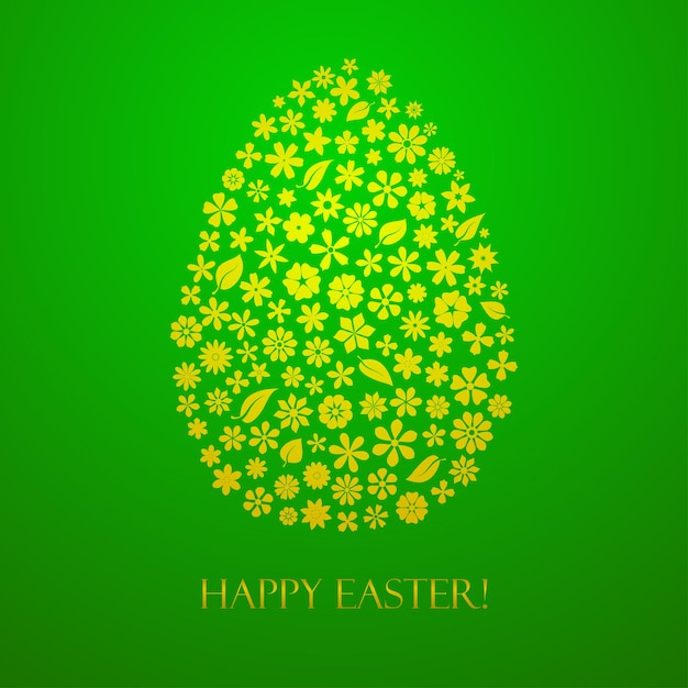 Easter Egg made up of flowers and leaves yellow on green background