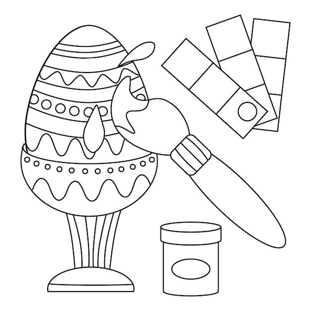 Easter egg on a stand with patterns and ornaments brush with paint that colors the egg Line art