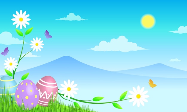 Easter egg on sunny meadow background . beautiful scenery .spring flowers