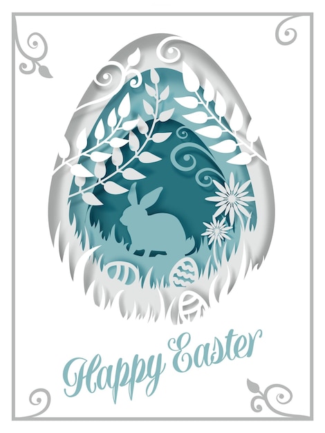 Easter egg with rabbit silhouette flowers and leaves vector illustration in paper art craft style Happy Easter greeting card design template