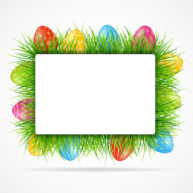 Easter eggs background with grass and blank sign