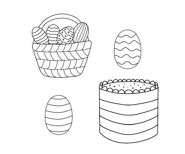 Easter eggs in basket Line icon symbol of celebration and holiday Vector doodle outline illustrations isolated on white