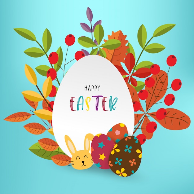 Easter eggs card with spring leaves.