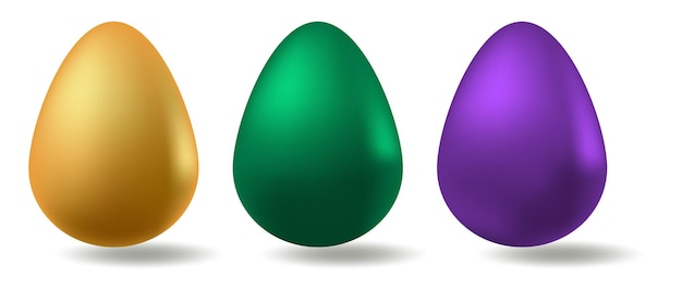 Easter eggs Chicken eggs of different colors Gold green and purple Set of illustrations