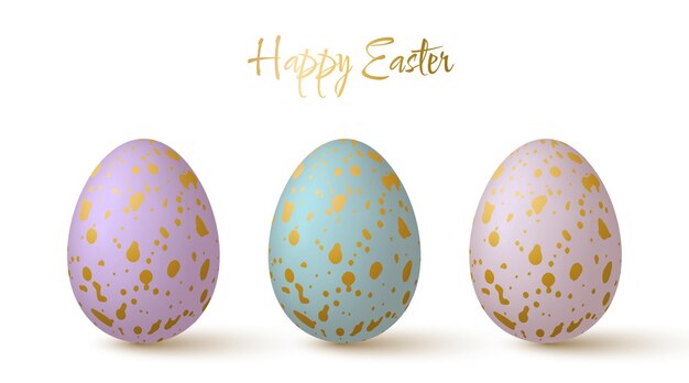 Vector easter eggs collection lovely 3d design elements in pastel colors with a gold spotted pattern