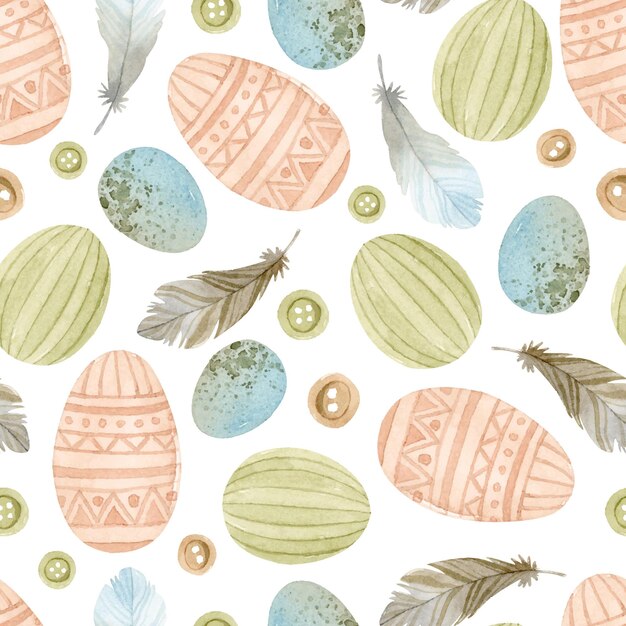 Easter eggs, colorful feathers and buttons watercolor seamless pattern