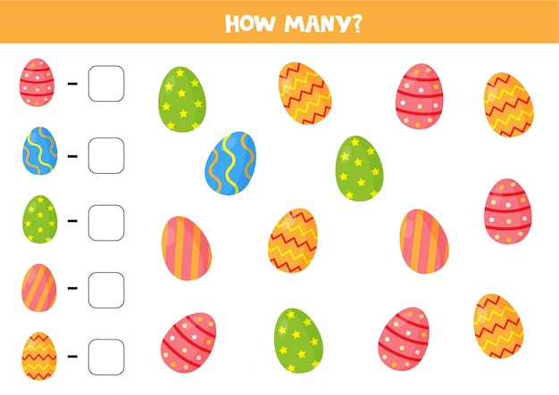 Easter eggs counting game. How many are there. Worksheet for kids.