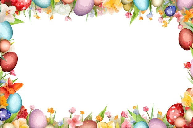 Easter eggs and flowers background frame watercolor Vector illustration