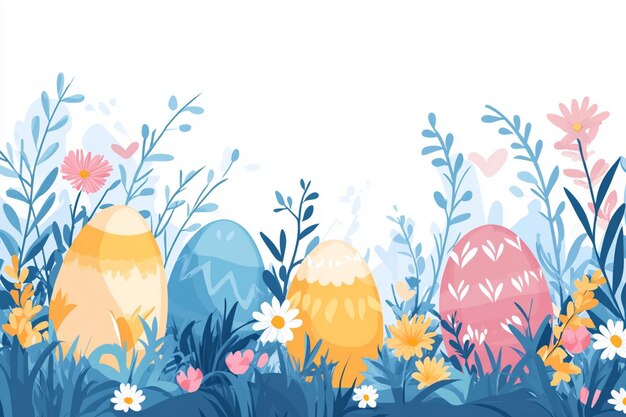 Vector easter eggs in the grass with butterflies and flowers