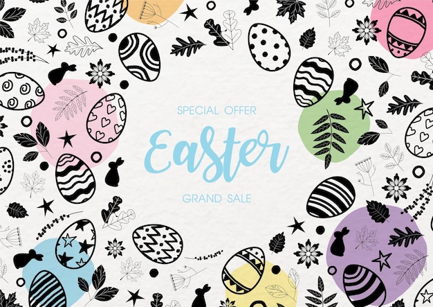 Easter eggs hunt greeting card with decorate nature in doodle and flat style