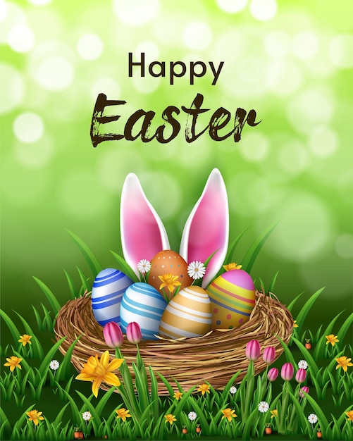 easter eggs in a nest creative green background vector illustration