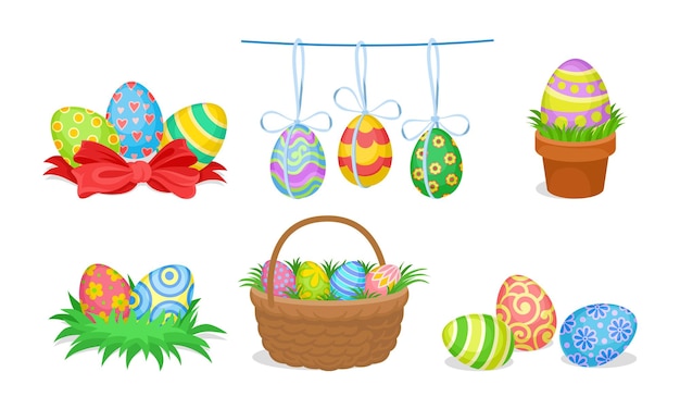 Vector easter eggs resting in basket and nest vector set