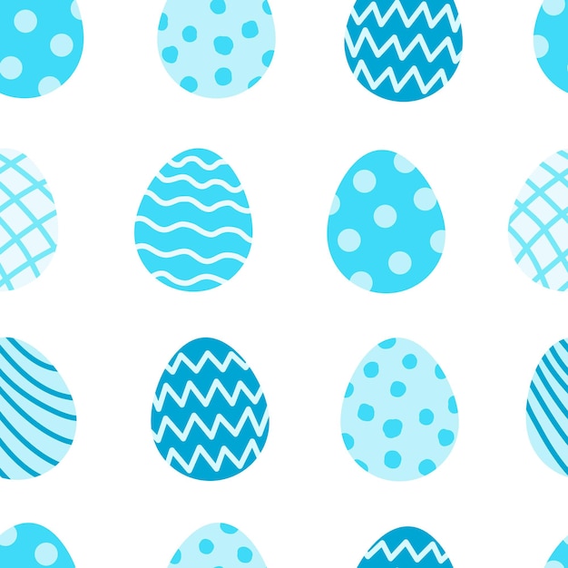 Easter eggs seamless pattern Blue painted eggs Colored stripes dots waves on flat illustration