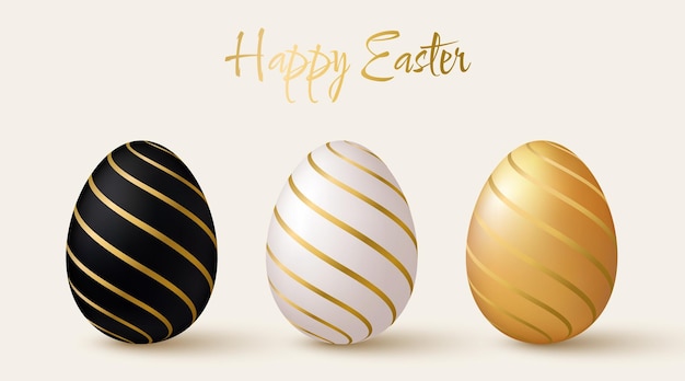 Easter eggs set Black white and gold 3d design elements with gold lines