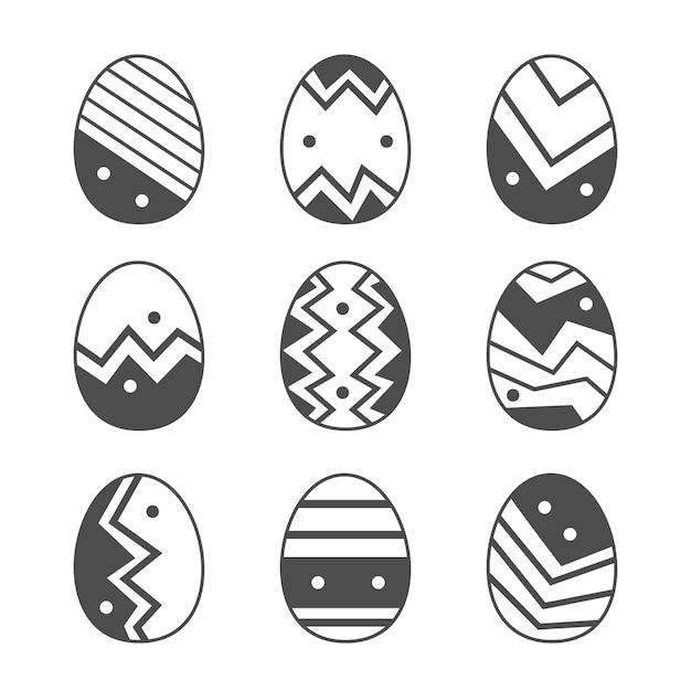 Easter eggs set collection doodle style Happy easter hand drawn isolated on white background Black egg icons with different ornament design element Vector flat illustration